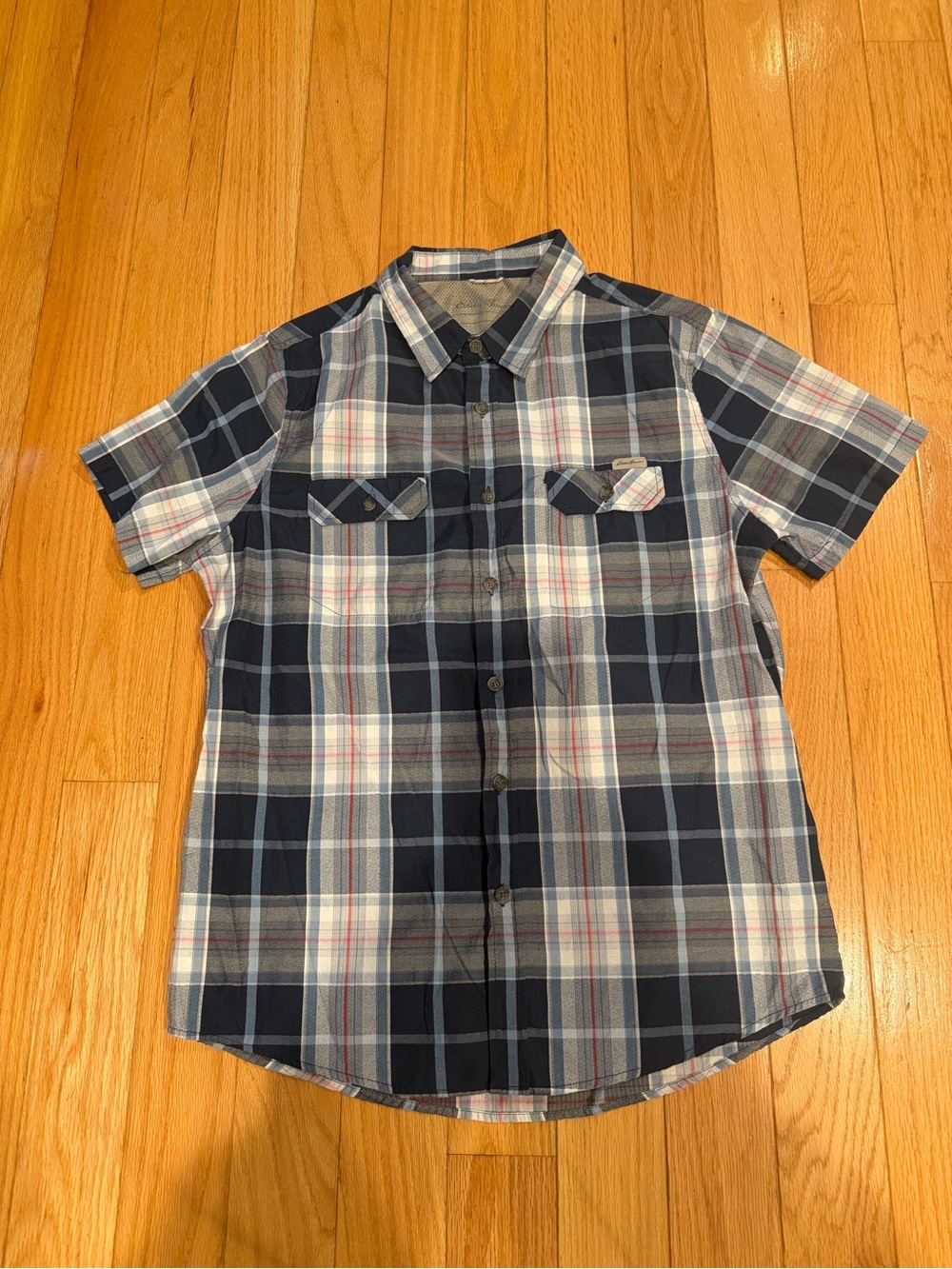 Eddie Bauer Navy, Gray & White Plaid Short-Sleeve Button-Down Shirt